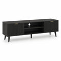 Meuble TV bas rectangulaire en MDF noir et doré avec 2 portes rainurées, niches et passe-câbles, 160 × 40 × 60 cm