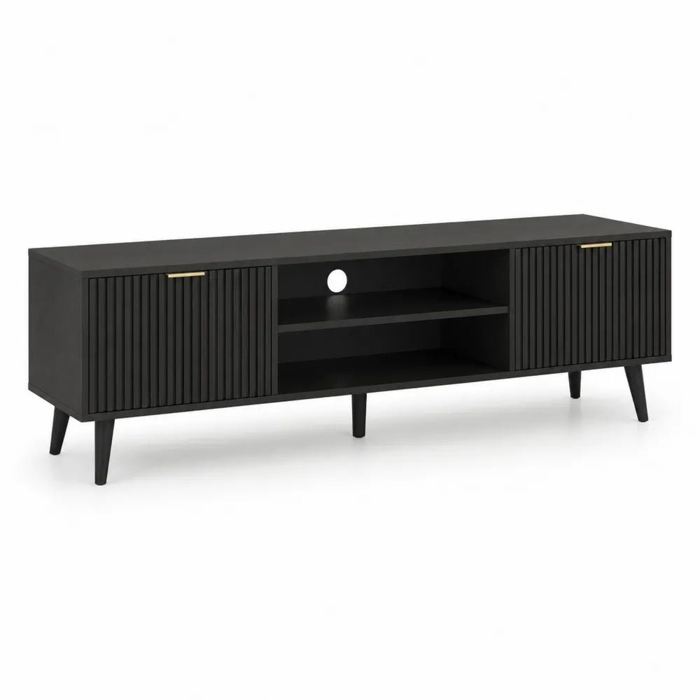 Meuble TV bas rectangulaire en MDF noir et doré avec 2 portes rainurées, niches et passe-câbles, 160 × 40 × 60 cm
