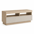 Meuble TV en bois avec 2 niches et 1 compartiment fermé, chêne clair et beige, 120 × 40 × 55 cm