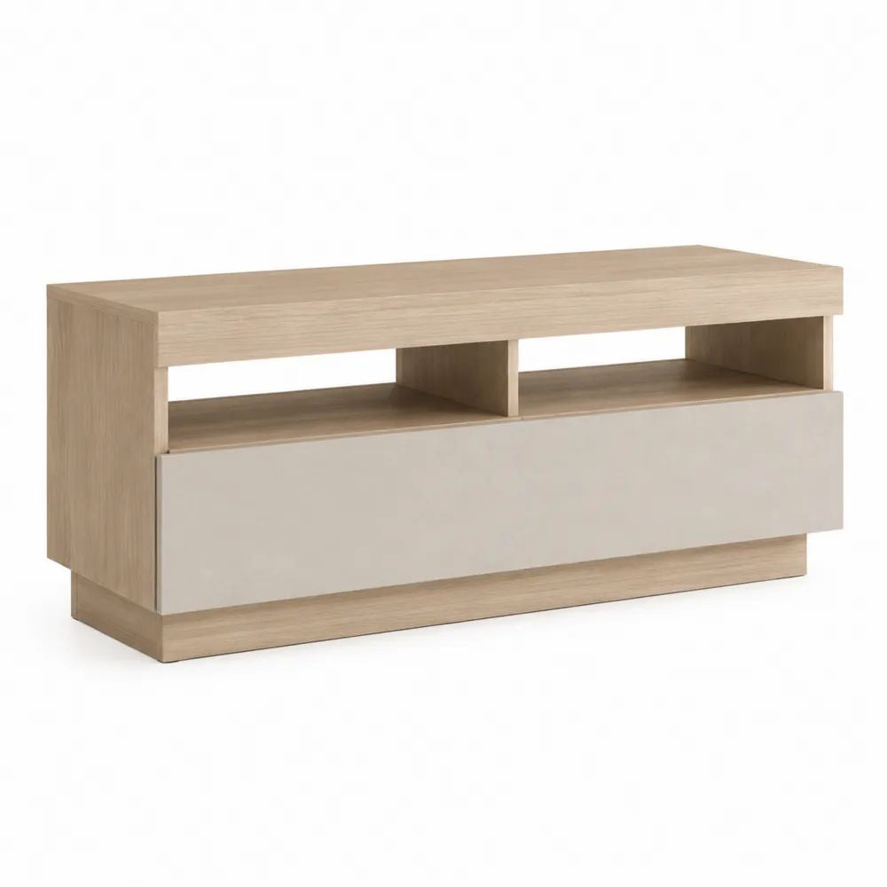 Meuble TV en bois avec 2 niches et 1 compartiment fermé, chêne clair et beige, 120 × 40 × 55 cm