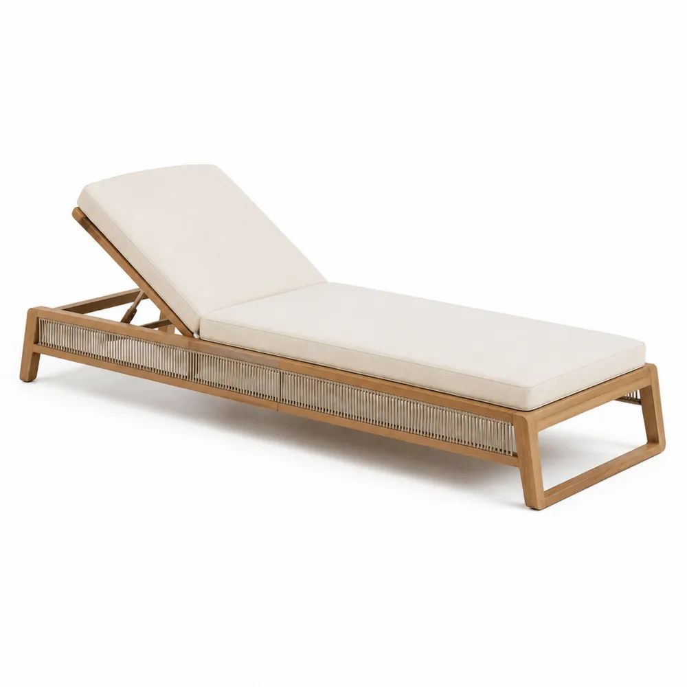 Bain de soleil extérieur réglable en bois avec cordage et coussin en polyester écru, 200 x 75 x 35 cm