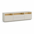 Meuble TV bas en MDF et panneaux de particules blanc cassé et beige, 2 portes, 2 tiroirs et 3 niches, 180 x 40 x 55 cm