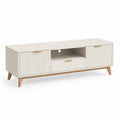 Meuble TV rectangulaire en MDF et panneaux mélaminés blanc cassé et naturel, 150 × 40 × 55 cm