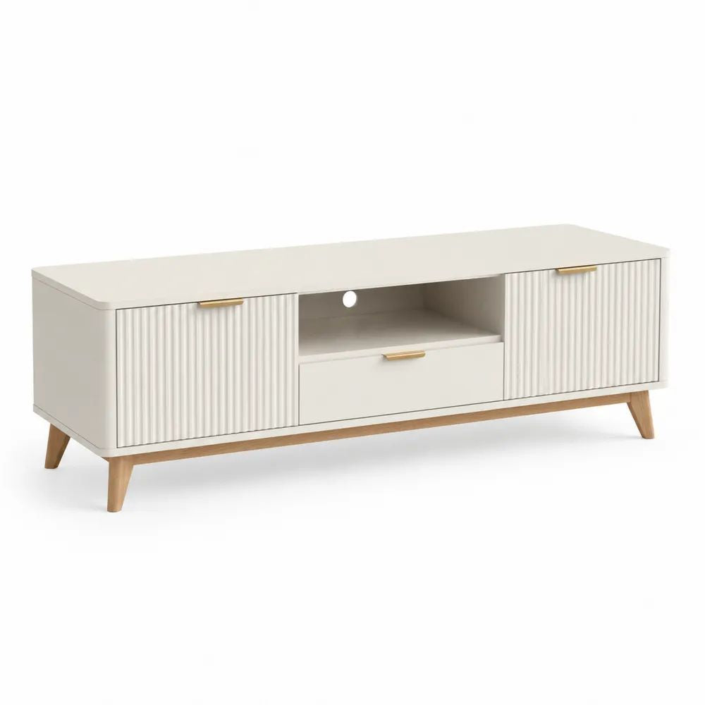 Meuble TV rectangulaire en MDF et panneaux mélaminés blanc cassé et naturel, 150 × 40 × 55 cm