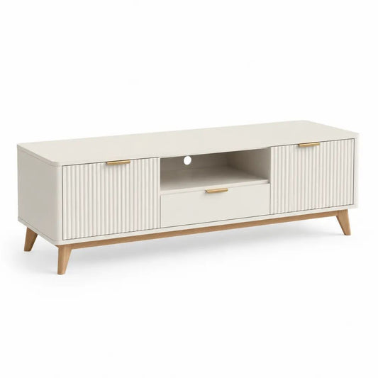 Meuble TV rectangulaire en MDF et panneaux mélaminés blanc cassé et naturel, 150 × 40 × 55 cm