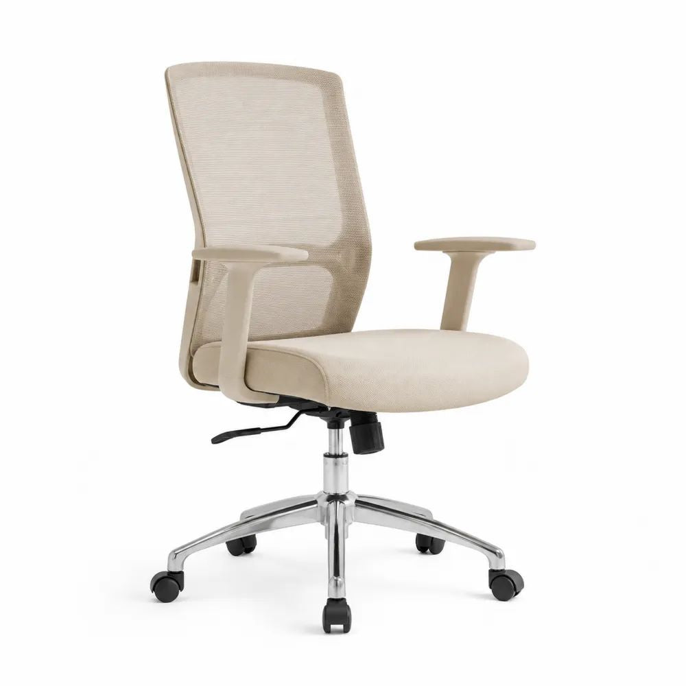 Chaise de bureau pivotante en tissu et métal beige et argenté avec accoudoirs, 64 × 64 × 95-105 cm