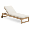 Bain de soleil extérieur réglable en bois avec 2 coussins écrus et roues, 200 × 65 × 35 cm