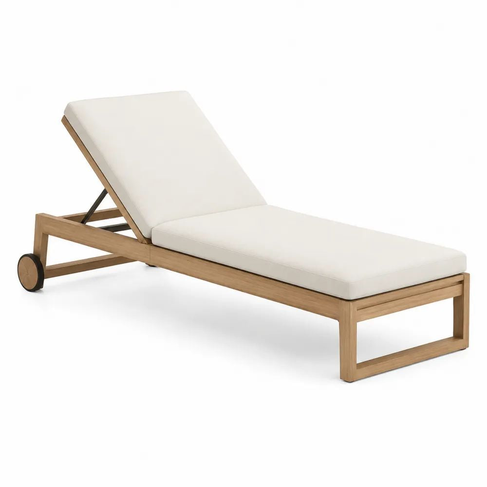 Bain de soleil extérieur réglable en bois avec 2 coussins écrus et roues, 200 × 65 × 35 cm