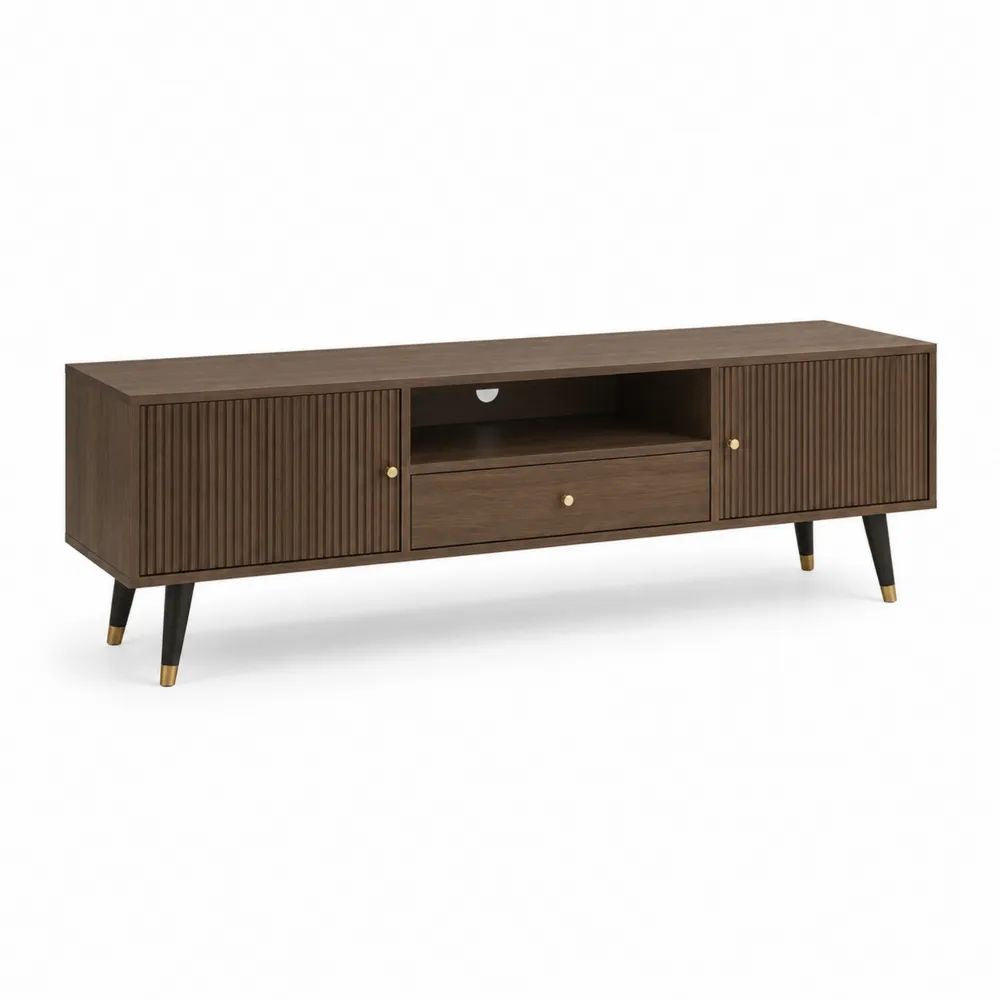 Meuble TV 160 x 40 x 60 cm en MDF et panneaux de particules, décor noyer brun, 2 portes et 1 tiroir