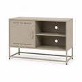 Meuble TV rectangulaire en acier beige taupe avec 1 porte et 2 niches, 100 x 40 x 80 cm