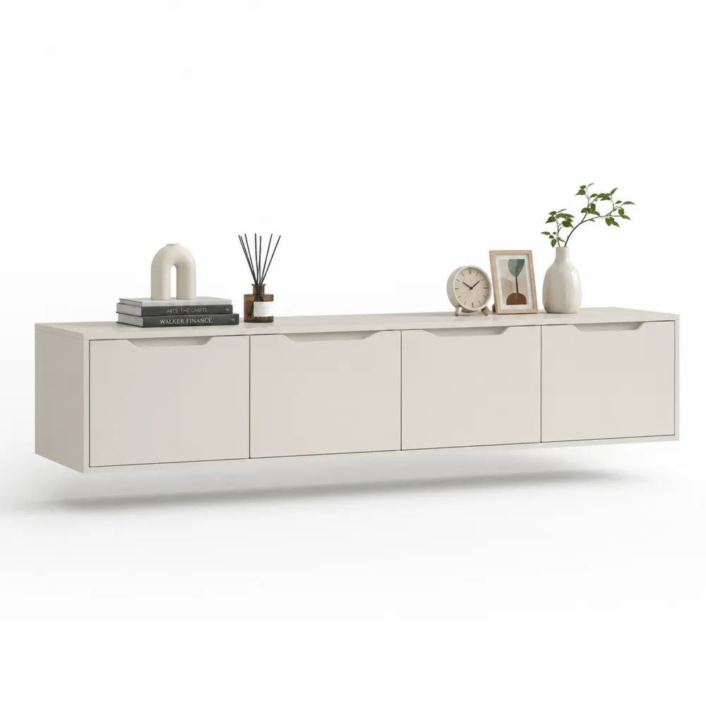 Meuble TV suspendu beige à 4 portes en panneaux de particules mélaminés, 240 × 40 × 40 cm