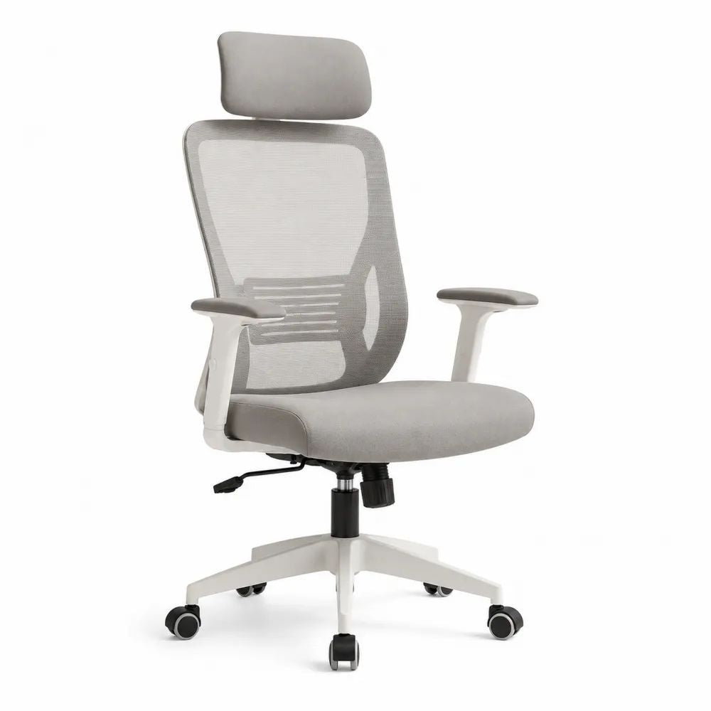 Chaise de bureau ergonomique pivotante en maille polyester et plastique gris clair, blanc et noir avec appui-tête et accoudoirs, 66 x 66 x 116-126 cm
