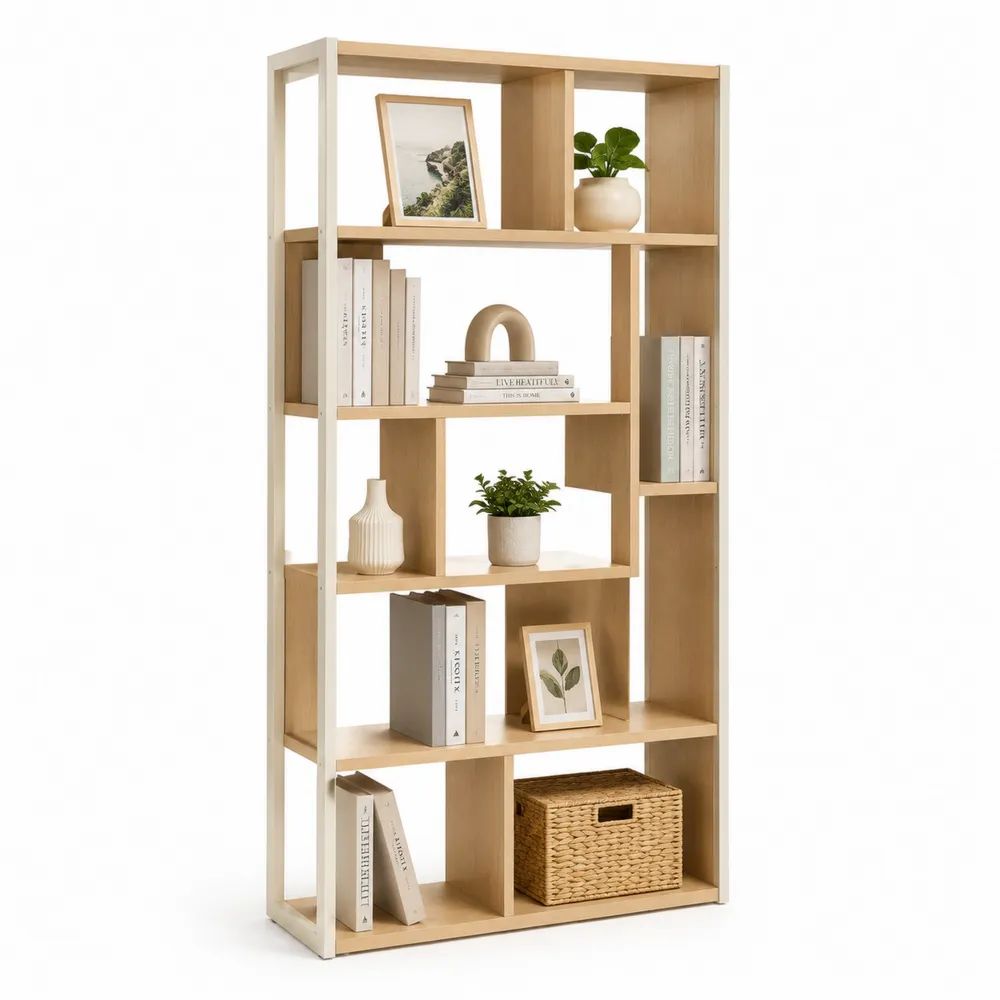 Bibliothèque étagère rectangulaire à 5 niveaux en panneaux de particules mélaminés et acier, chêne clair et blanc, 80 × 30 × 180 cm